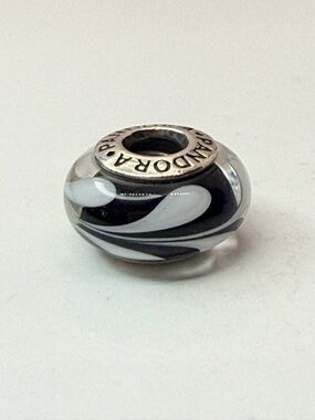 Retired Pandora Black White Swirl Murano Glass Charm 790676